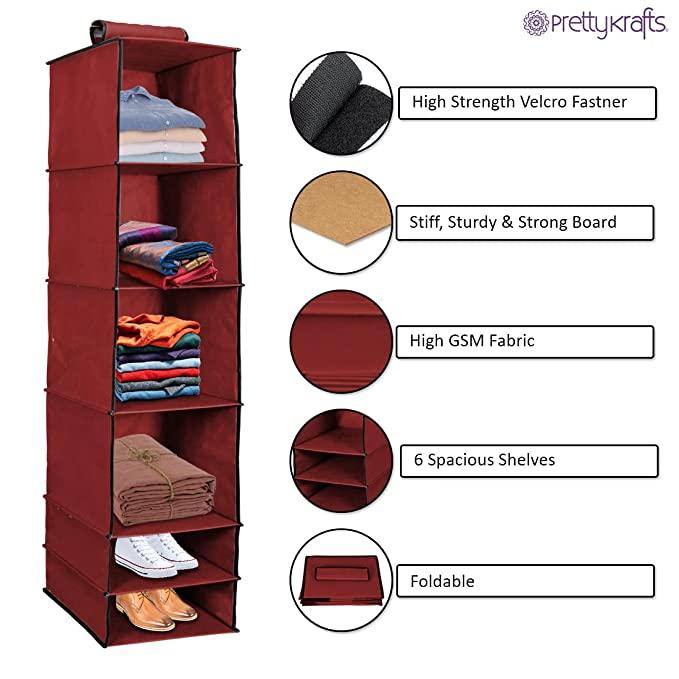 Organizer- 6 Shelves Foldable Hanging Wardrobe Organizers, maroon - AVIKARLO