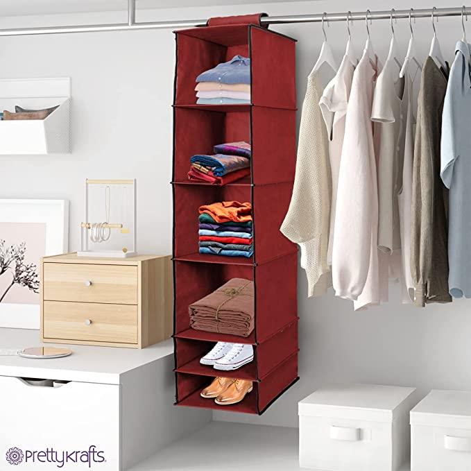 Organizer- 6 Shelves Foldable Hanging Wardrobe Organizers, maroon - AVIKARLO